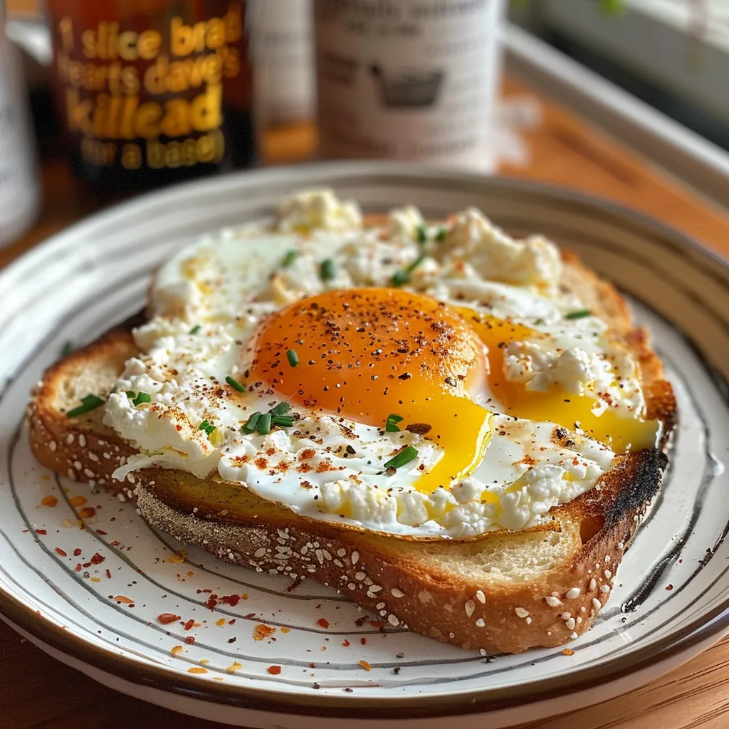 Side angle of a slice of bread spread with cottage cheese, topped with a sunny-side-up egg and seasoning.