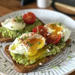 Close up of creamy avocado toast topped with a poached egg and garnished with microgreens.