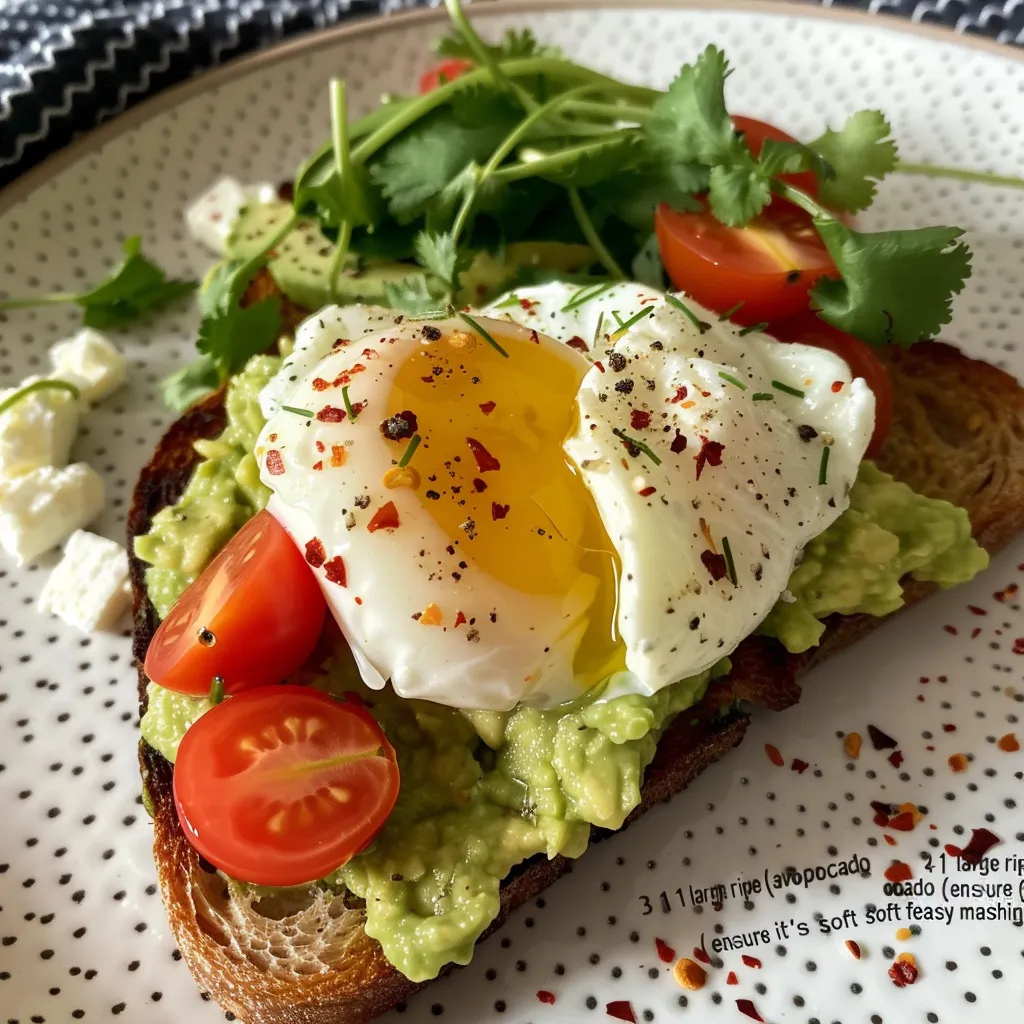 Side view of avocado toast with a soft poached egg, cherry tomatoes, and a sprinkle of feta cheese.
