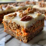 Close-up of moist carrot cake bars topped with cream cheese frosting.