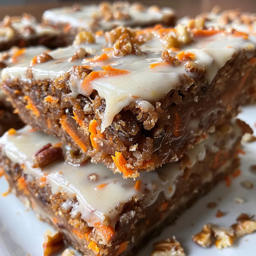 Side view of decadent carrot cake bars with creamy icing.