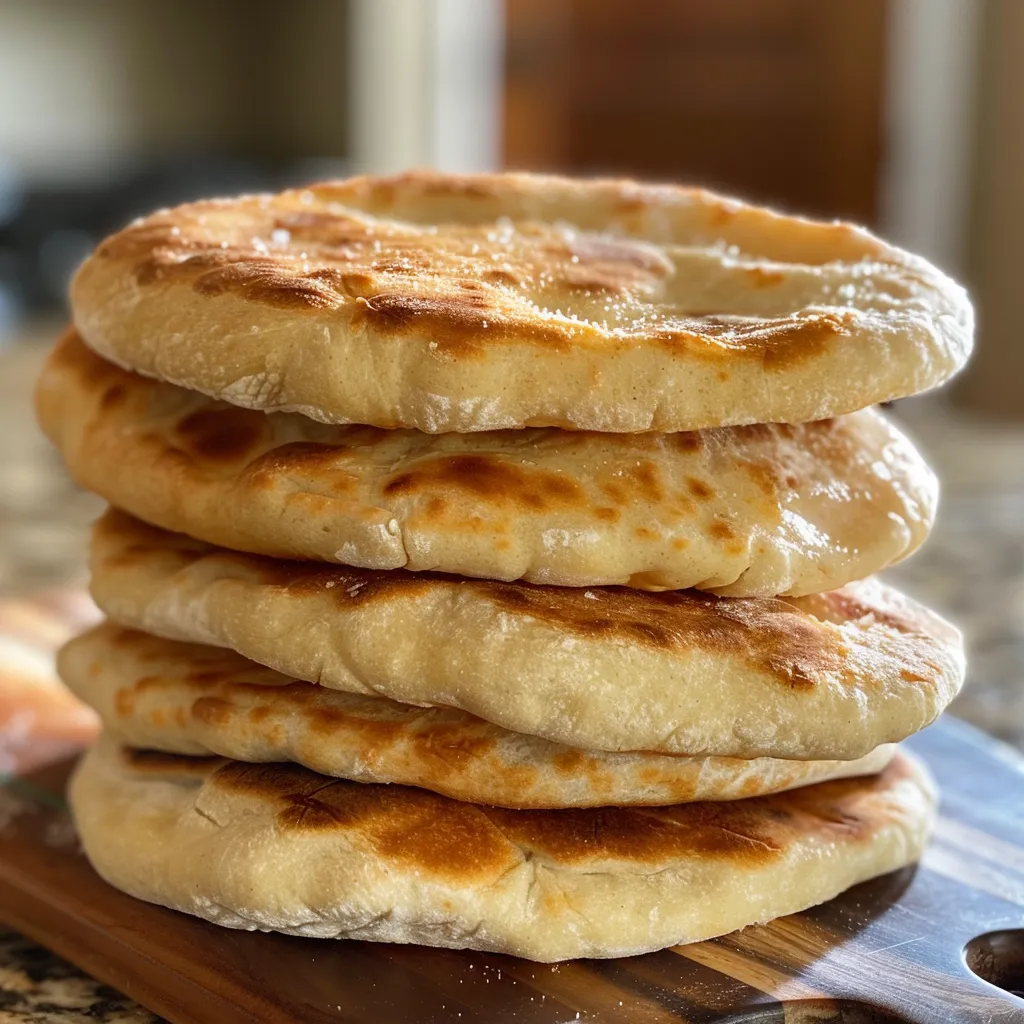 Side view of golden-brown pita bread resting beside ingredients.
