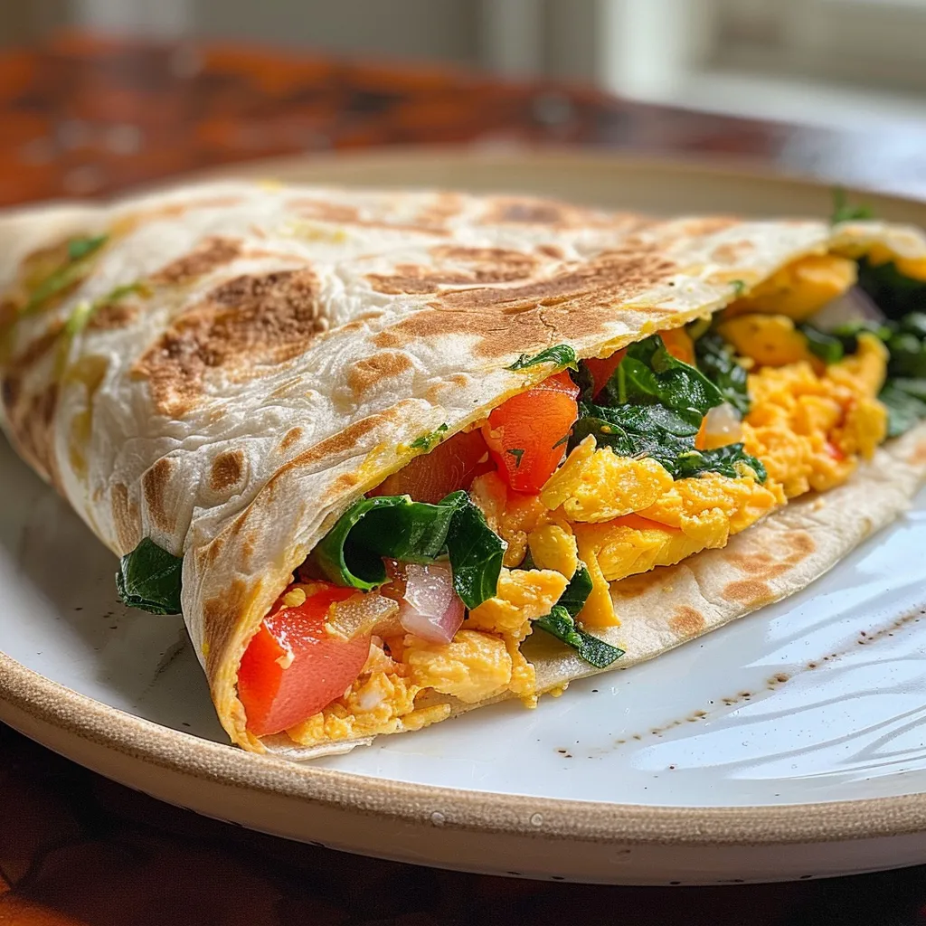 Juicy egg and spinach breakfast wrap presented on a plate, showing fresh ingredients.