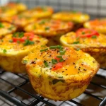 Close-up view of golden-brown egg muffins with visible cheese and vegetables.