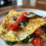 Close-up view of a fluffy egg white omelet filled with fresh spinach, tomatoes, and mushrooms.