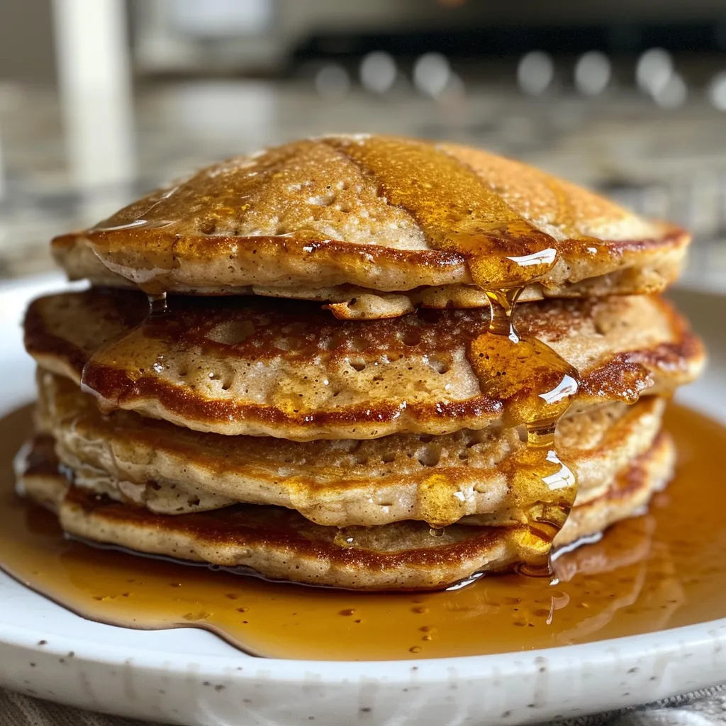 Side view of golden brown fluffy pancakes made with oat flour.