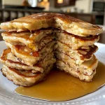 Fluffy oatmeal pancakes stacked on a plate, with a drizzle of maple syrup.