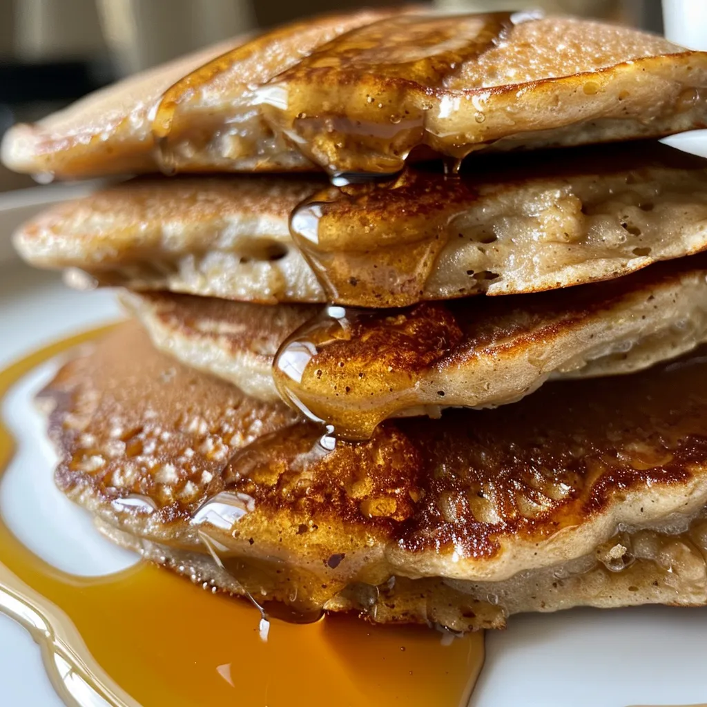 Close-up view of golden-brown oatmeal pancakes garnished with syrup and yogurt.