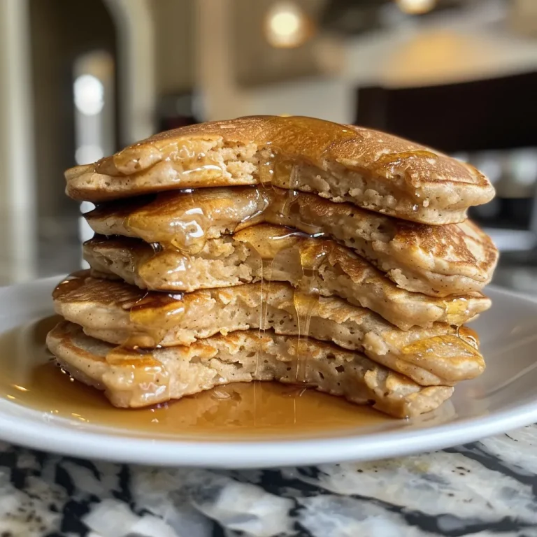 Rise and Shine with Fluffy Protein Pancakes: A Morning Celebration Close-up side view of fluffy protein pancakes topped with a light drizzle of syrup.