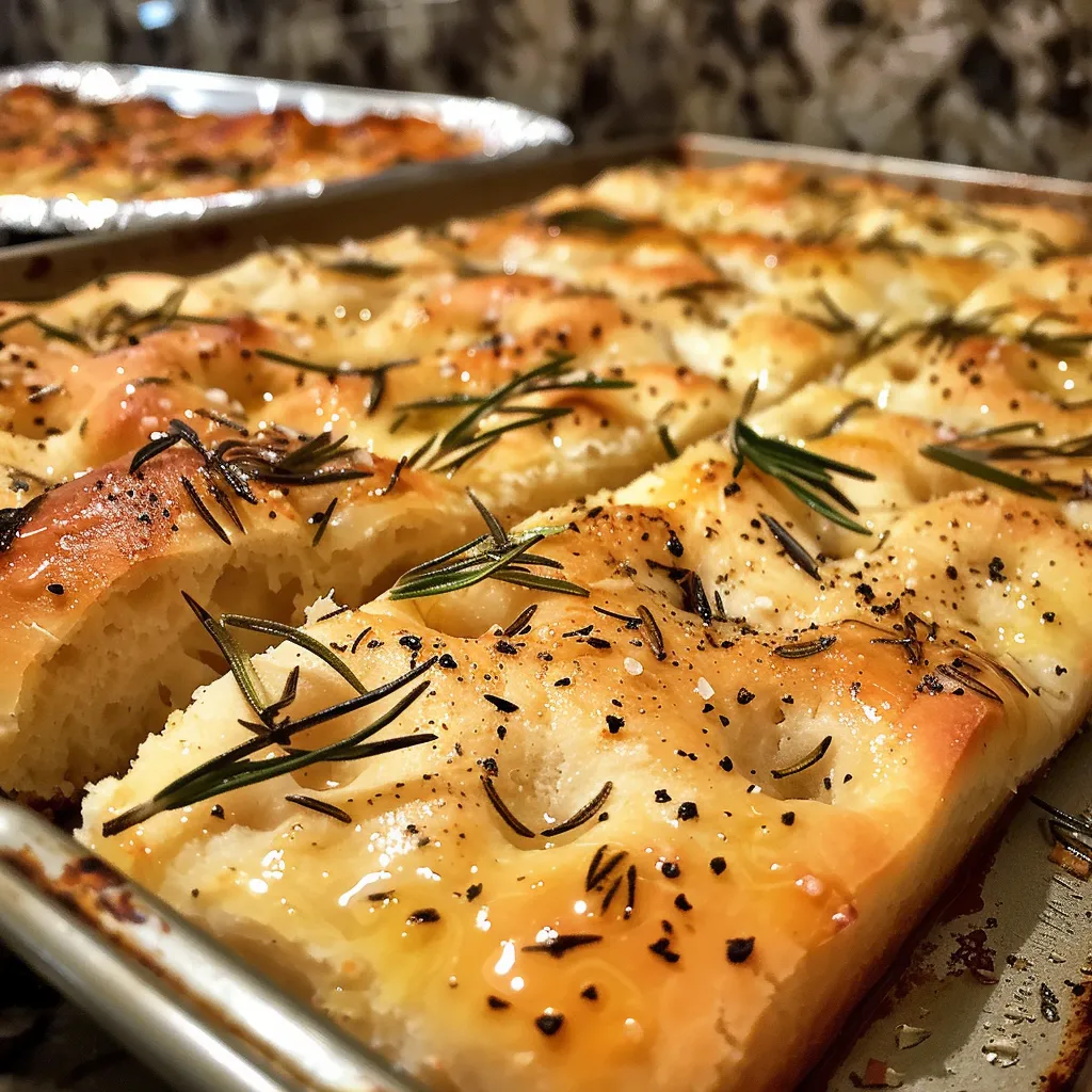 Side view of a luscious Focaccia topped with rosemary, showcasing its airy texture.