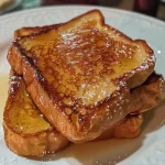 Close-up of golden-brown French toast slices topped with syrup and butter.