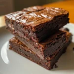 Close-up side view of fudgy brownies with a glossy surface and chocolate chips.