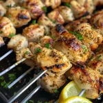 Close-up view of juicy garlic Parmesan chicken skewers on a plate.