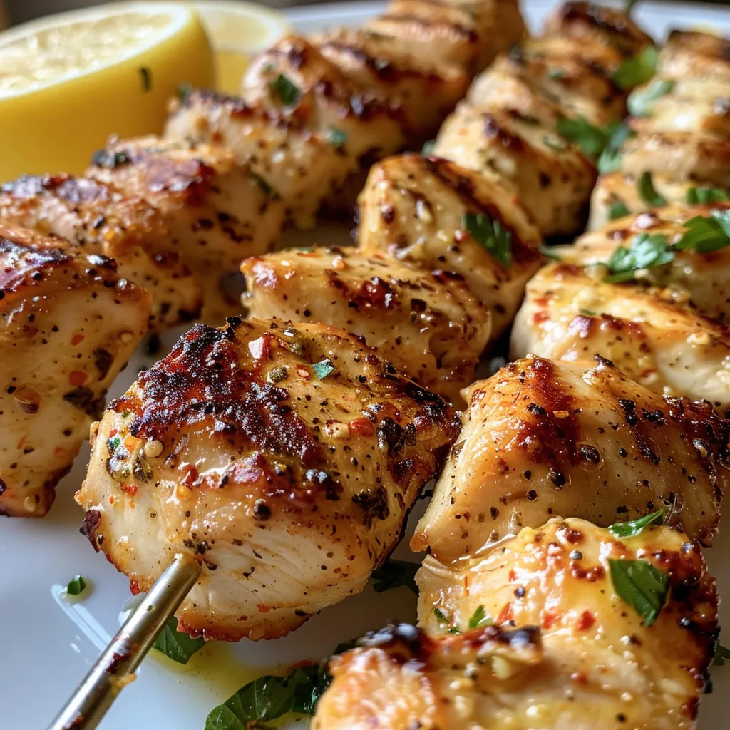 Side view of flavorful chicken skewers coated in garlic and parmesan, served on a platter.