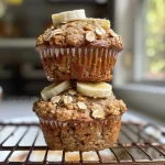 Close-up side view of gluten-free banana oat muffins with a golden-brown top.