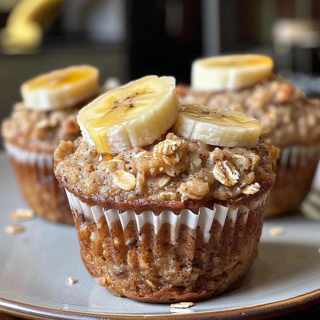 Side view of delicious banana oatmeal muffins with a golden brown crust.