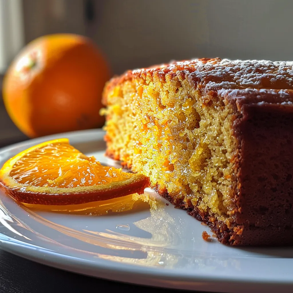 A slice of moist gluten-free orange olive oil cake with almond flour, showcasing its soft texture.