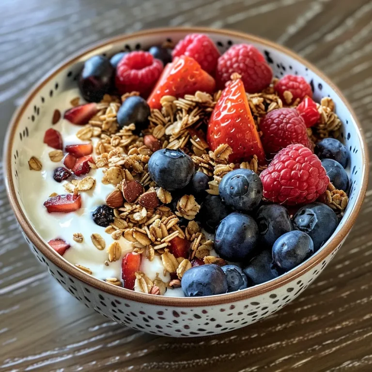 Close-up view of a Greek yogurt breakfast bowl topped with fresh berries and granola.