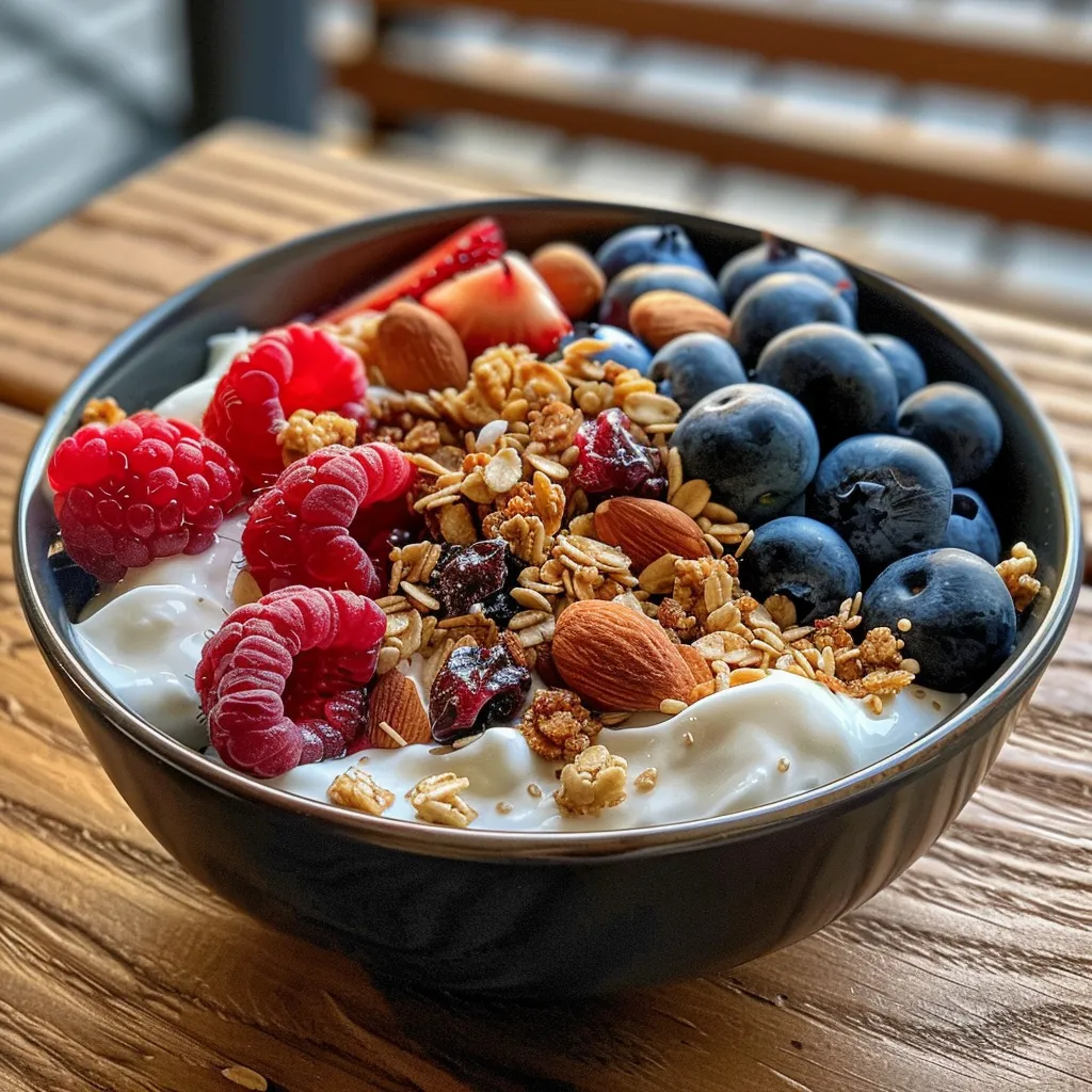 Side view of a vibrant Greek yogurt bowl filled with berries, nuts, and a drizzle of honey.