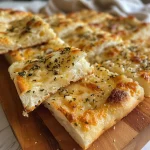 Close-up view of a slice of Greek yogurt flour garlic bread with a golden crust.
