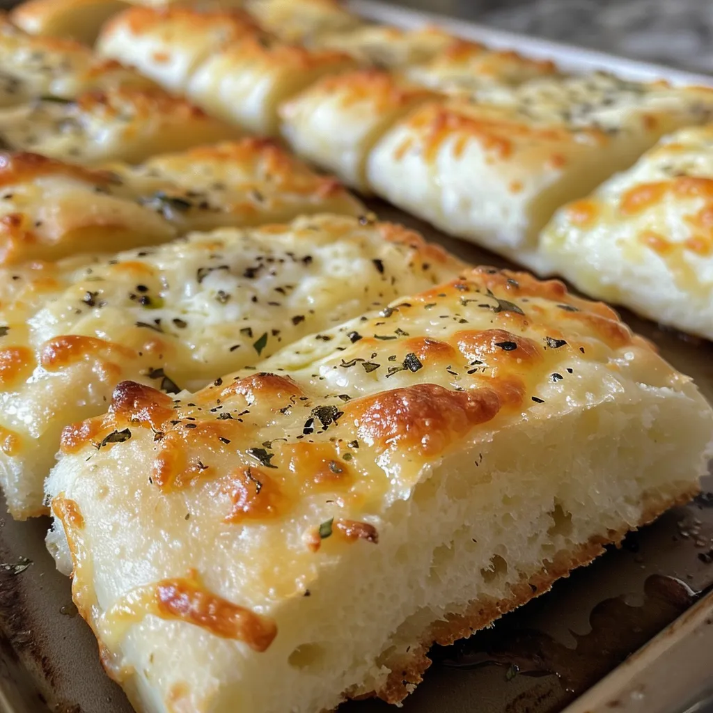 Side angle of soft, fluffy garlic bread made with Greek yogurt, showcasing texture.