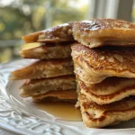 Close-up side view of fluffy Greek yogurt pancakes stacked on a plate.