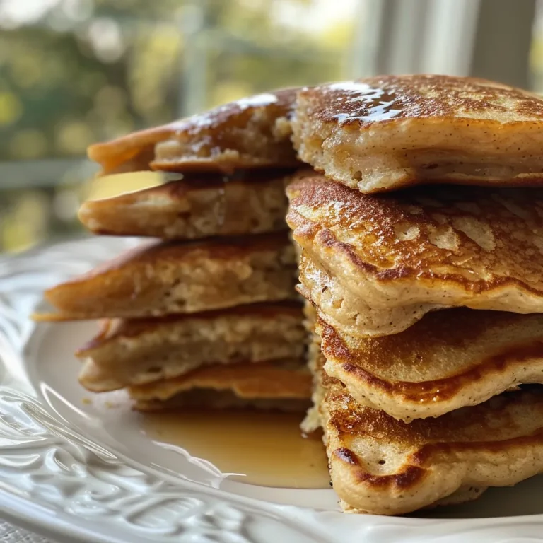 Close-up side view of fluffy Greek yogurt pancakes stacked on a plate.