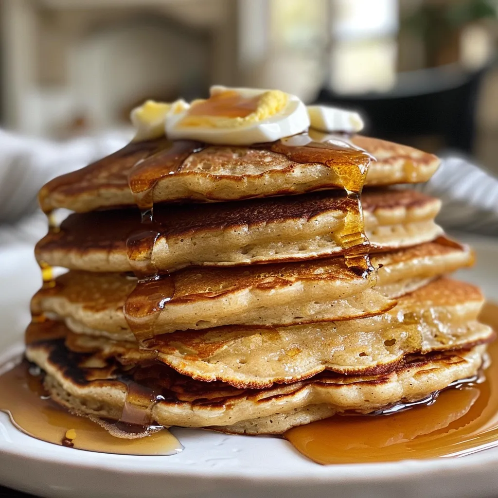 Juicy pancakes made with oat flour and topped with a drizzle of syrup.