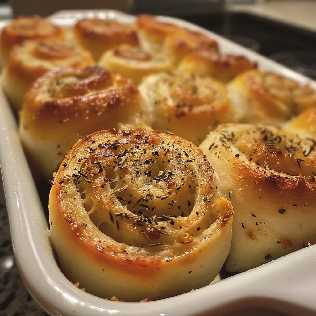 Side view of freshly baked Greek yogurt rolls, showing flaky texture.