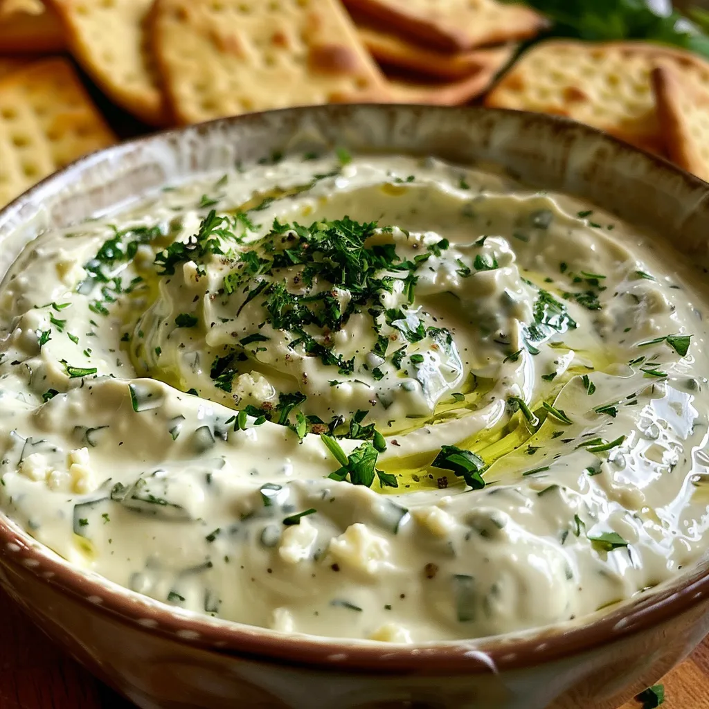 Side view of a vibrant green dip with feta cheese and vegetables, presented in a stylish dish.