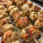 Close-up view of juicy grilled chicken skewers topped with garlic and Parmesan cheese.