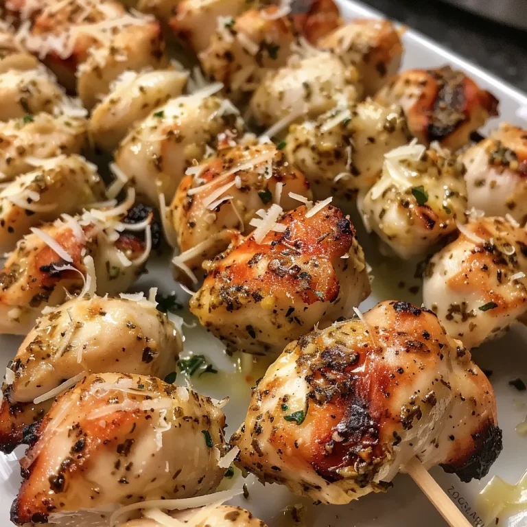 Close-up view of juicy grilled chicken skewers topped with garlic and Parmesan cheese.