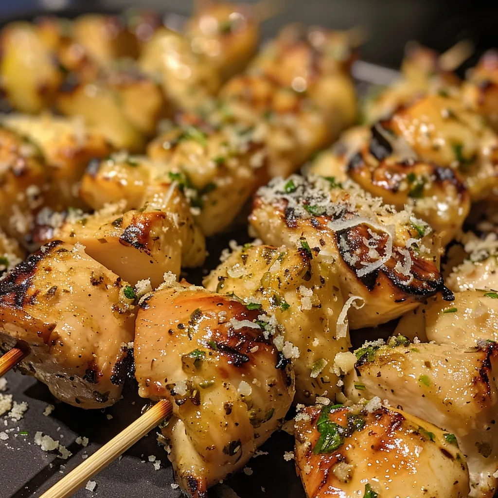 Side view of succulent chicken skewers, golden-brown and garnished with herbs.