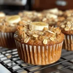 Close-up side view of golden brown Healthy Banana Oatmeal Muffins, with a textured oat topping.