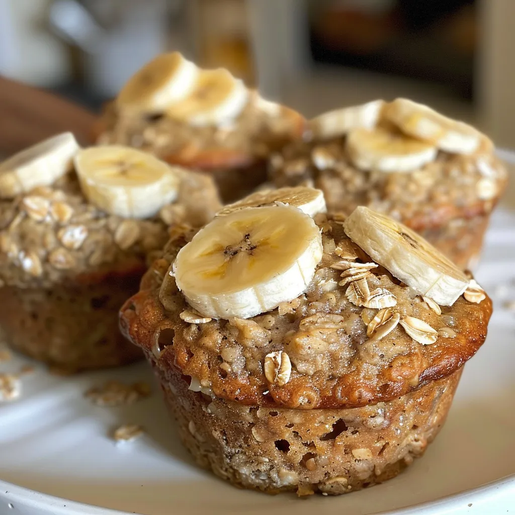 Juicy, baked Healthy Banana Oatmeal Muffins displayed on a wooden surface, showcasing their fluffy interior.