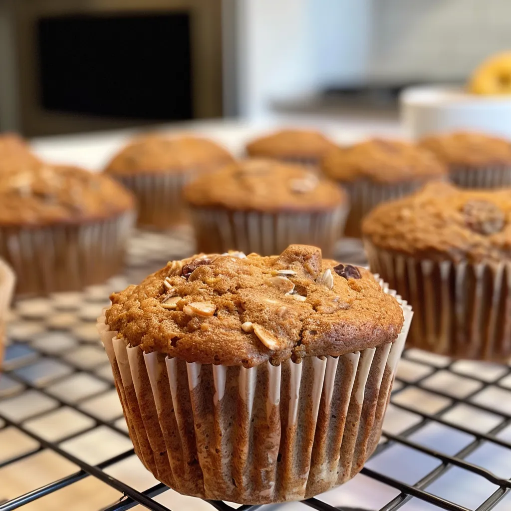Side view of freshly baked whole wheat muffins with mixed fruit peeking through.