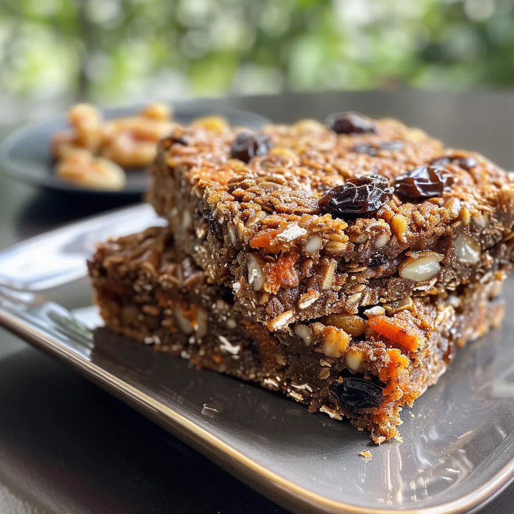 Close-up of moist carrot cake bars topped with melted white chocolate and walnuts.
