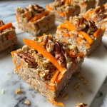 Close-up of healthy no-bake carrot cake bars with a vibrant orange color and a textured topping.
