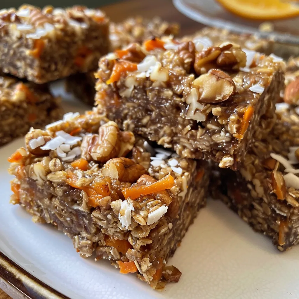Side view of layered carrot cake bars featuring shredded carrots and nuts, garnished with coconut.
