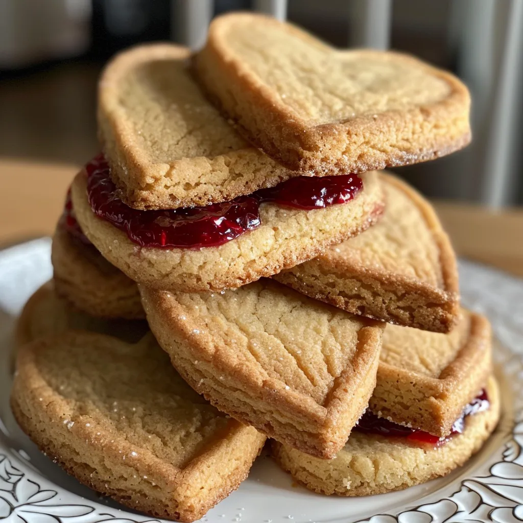 Delicious heart-shaped cookies filled with vibrant jam, viewed from the side.