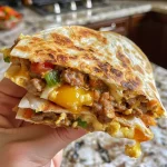 A close-up side view of a High Protein Breakfast Quesadilla filled with sausage, eggs, and cheese.