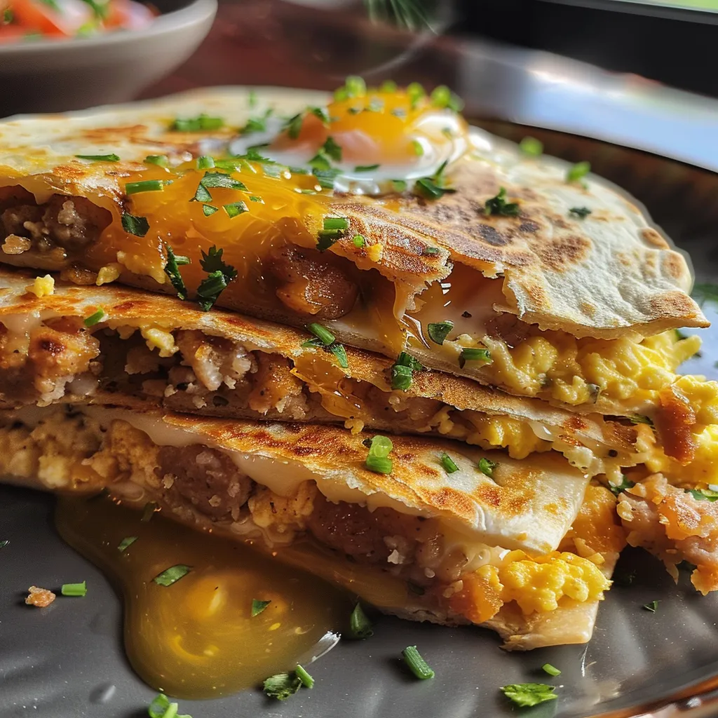 Juicy breakfast quesadilla showcasing layers of chicken sausage, egg, and cheese on a low-carb tortilla.