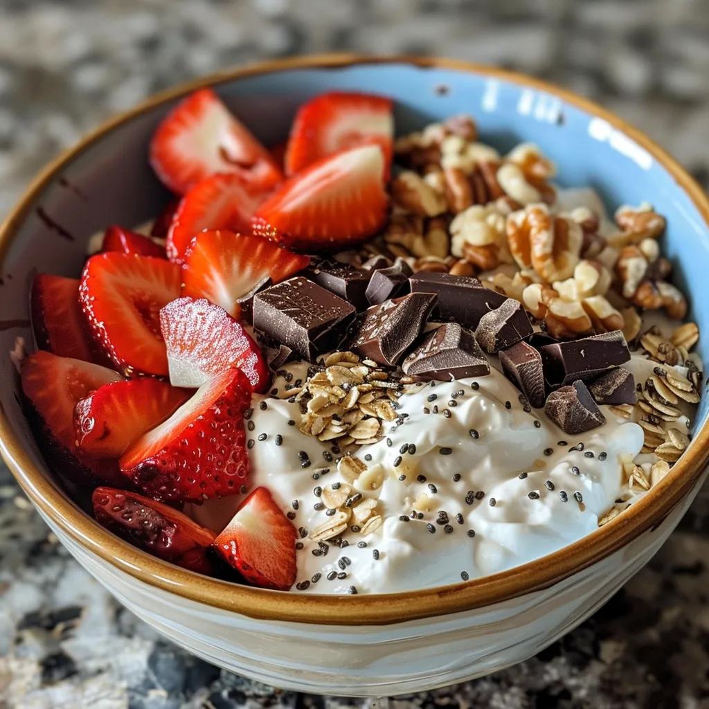 Side view of a Greek yogurt bowl featuring vanilla yogurt, protein powder, chia seeds, and a drizzle of honey.