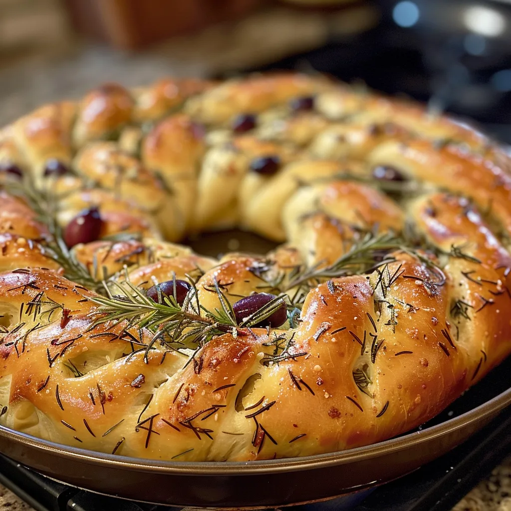 Side view of a beautifully baked Holiday Focaccia Wreath, featuring Kalamata olives and fresh rosemary.