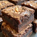 Close-up view of rich, homemade brownies with a glossy surface.