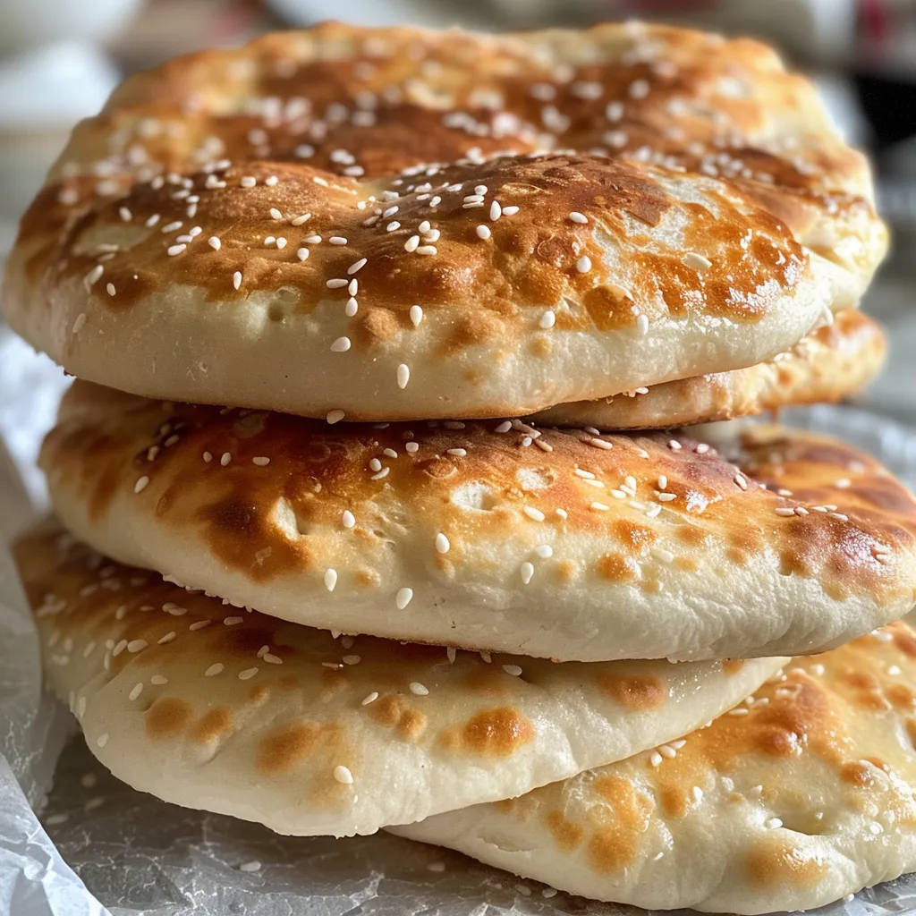 Side view of freshly baked Greek pita bread, highlighting its soft texture.