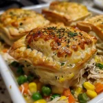 Close-up view of homemade mini chicken pot pies on a plate.