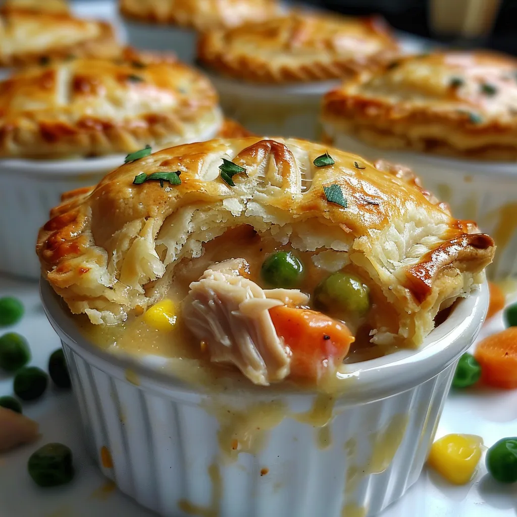 Side view of golden-brown mini chicken pot pies filled with vegetables and chicken.