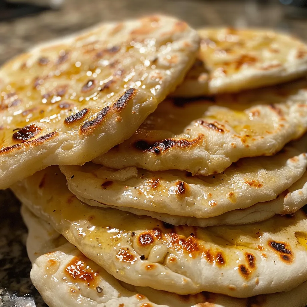 Side angle shot of golden-brown pita bread displaying soft, airy texture.