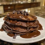 A close-up view of hot chocolate pancakes topped with whipped cream and chocolate chips.